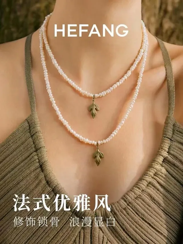 HEFANG White Gold Pearl Strand Leaf Pendant Necklace 2