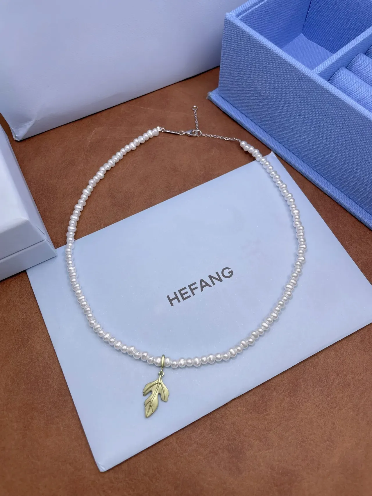 HEFANG White Gold Pearl Strand Leaf Pendant Necklace 4