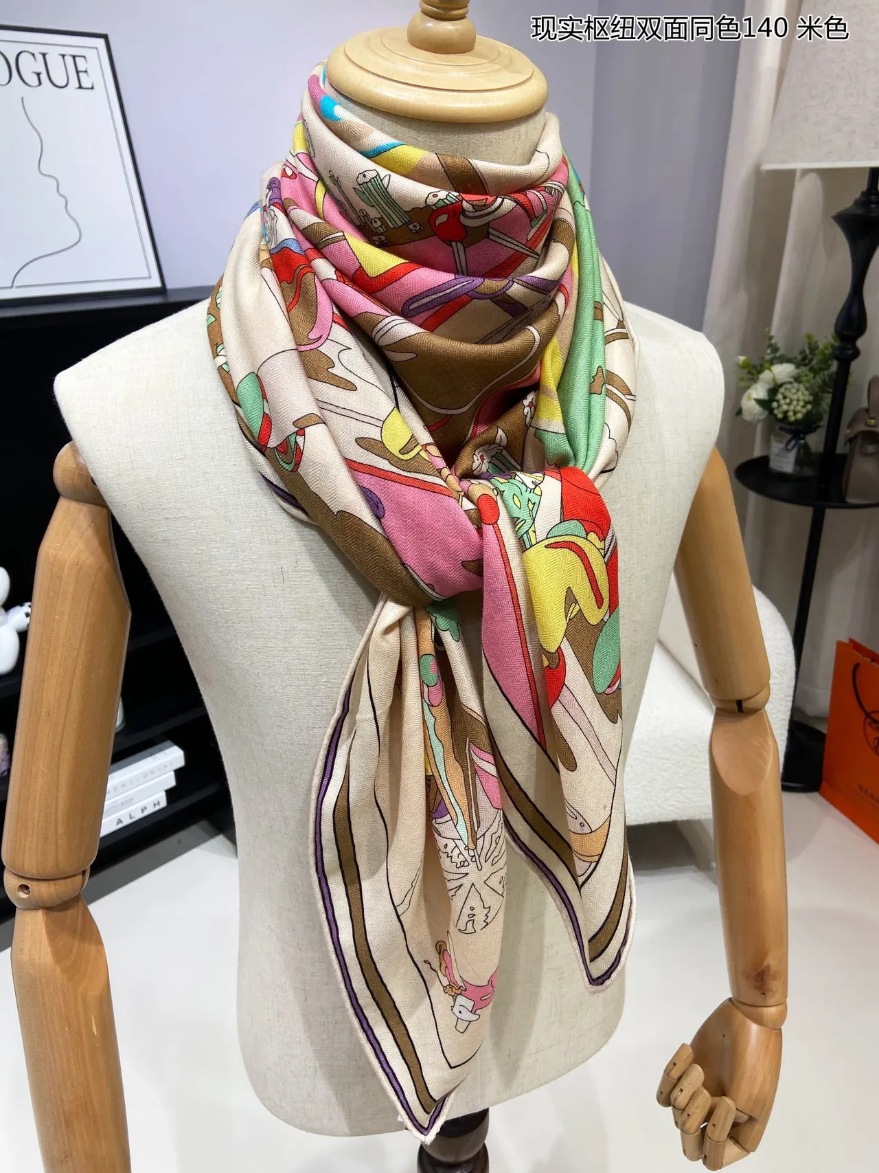 Illustrated Cartoon Print Beige Double-Faced Silk Scarf 5