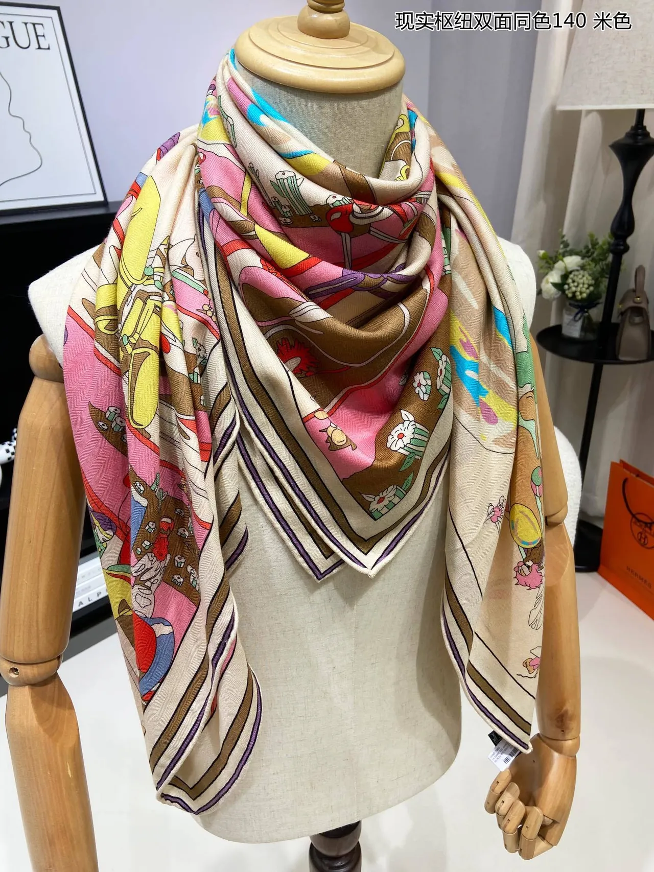 Illustrated Cartoon Print Beige Double-Faced Silk Scarf 6