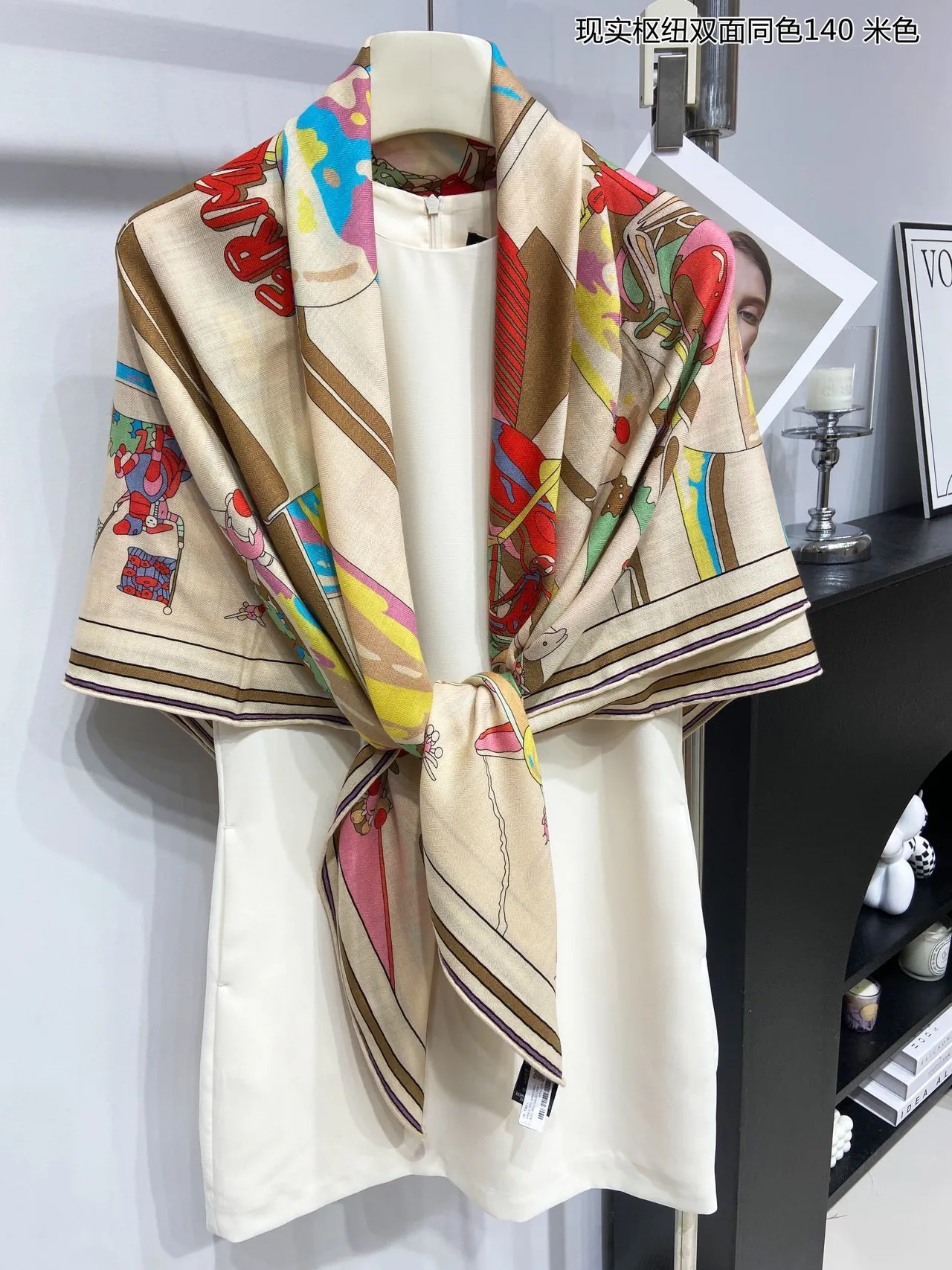Illustrated Cartoon Print Beige Double-Faced Silk Scarf 8