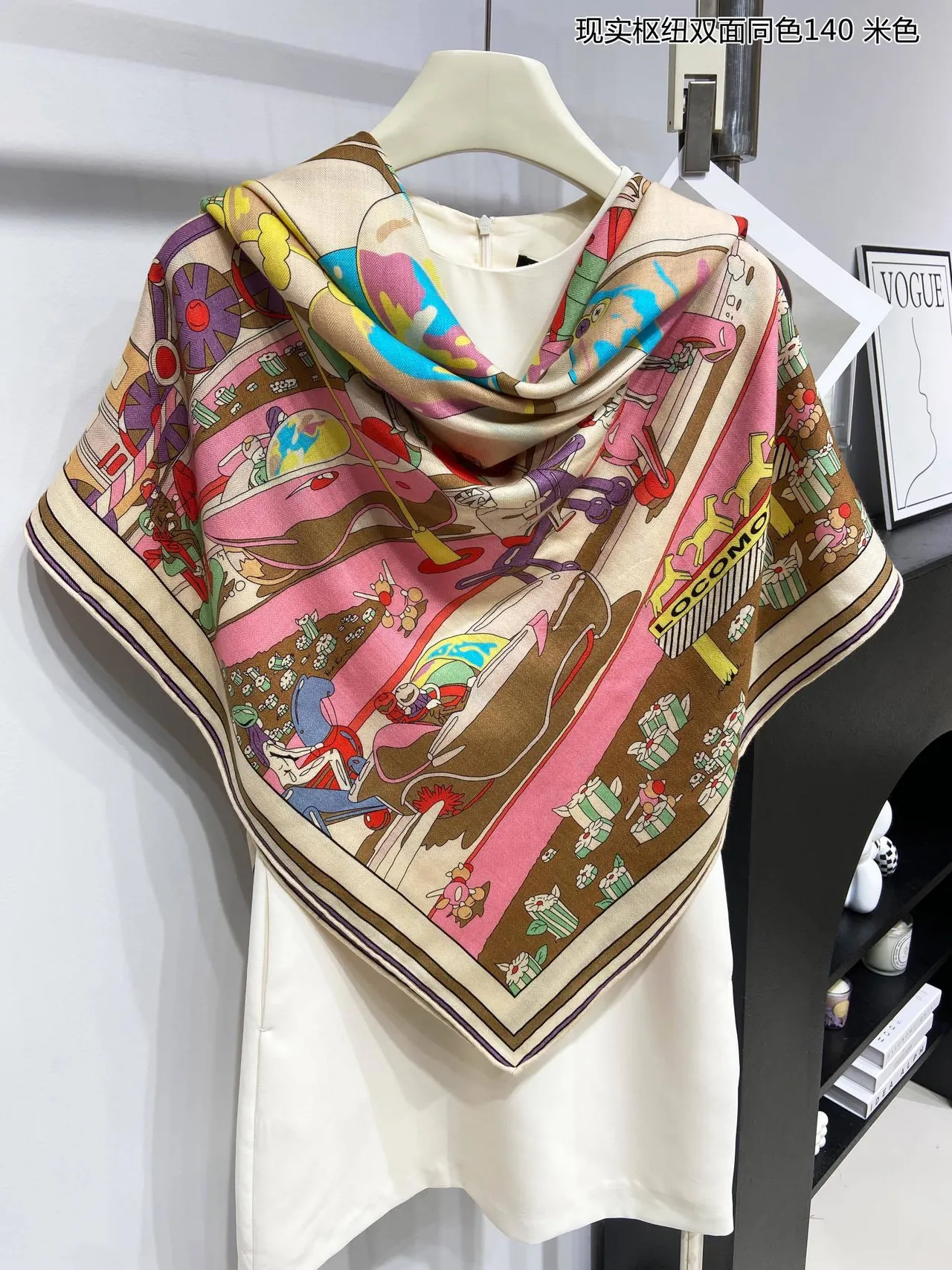 Illustrated Cartoon Print Beige Double-Faced Silk Scarf 9