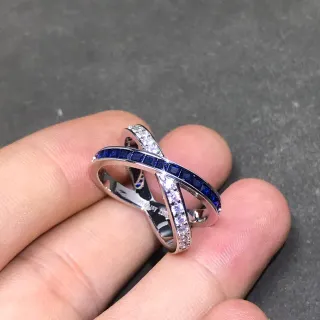 Interlocking Double-Band Blue Sapphire and Diamond Ring