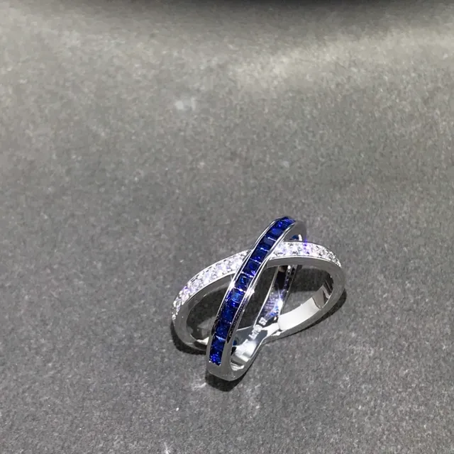 Interlocking Double-Band Blue Sapphire and Diamond Ring 2
