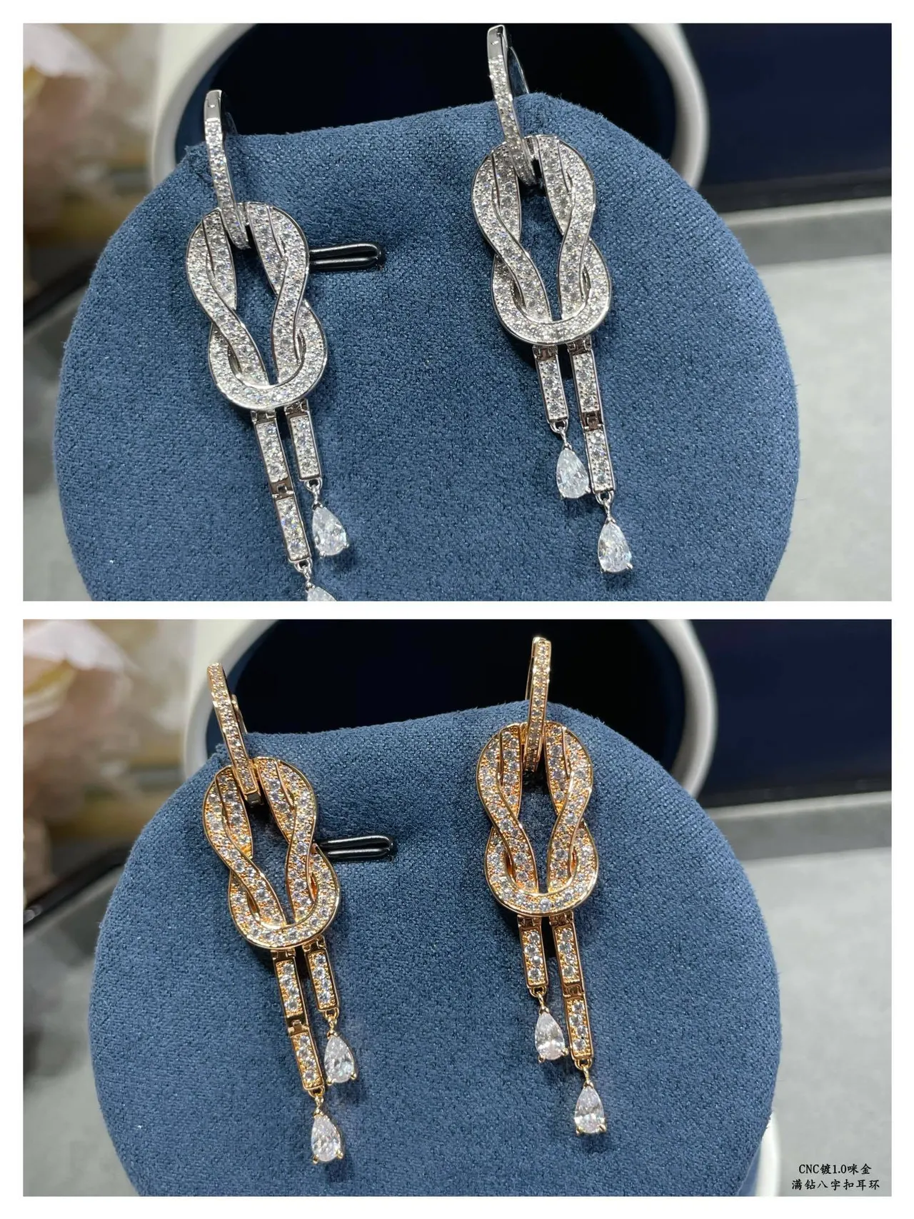 Knot Motif Pavé-Set Dual-Drop Teardrop Earrings 4