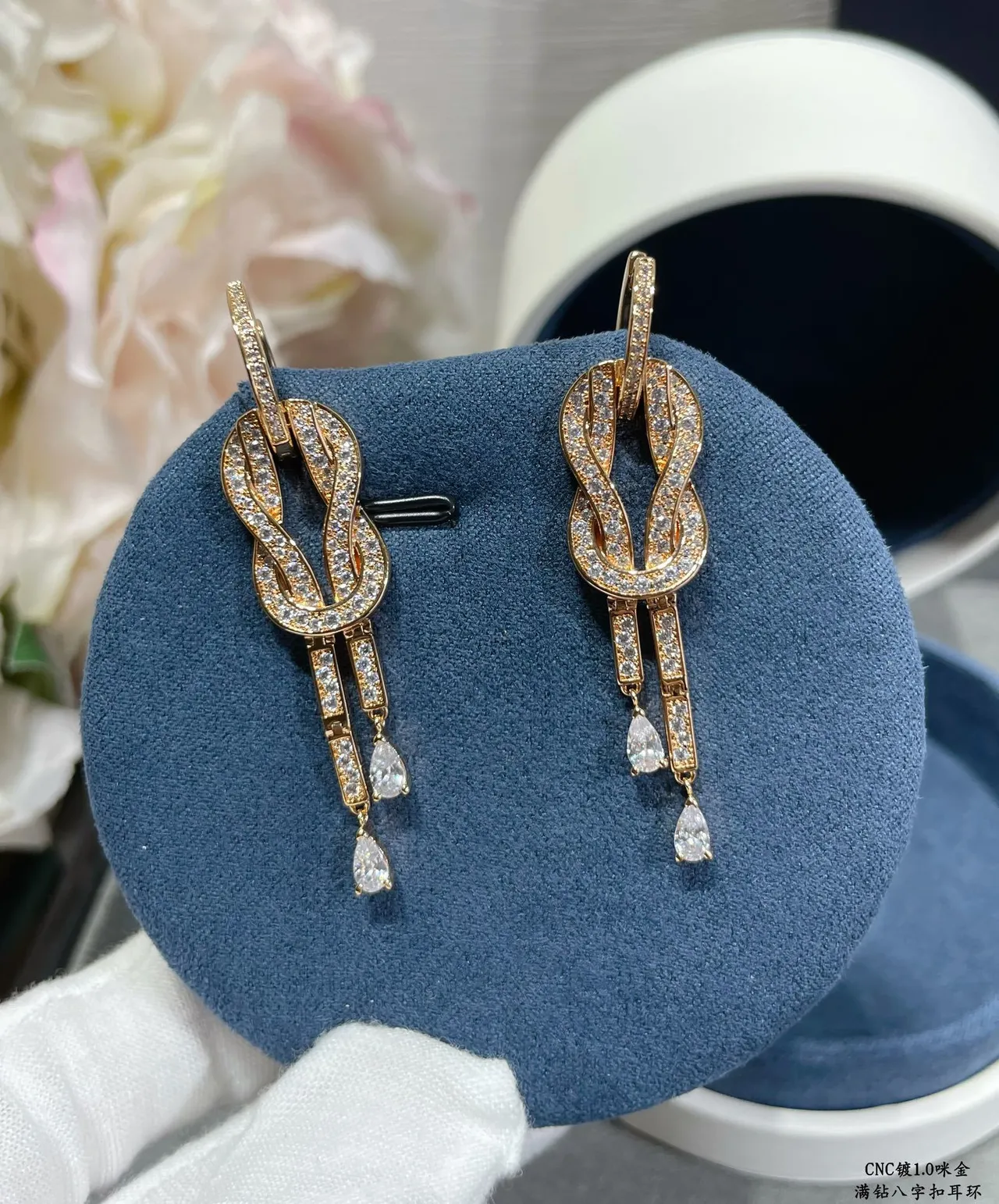 Knot Motif Pavé-Set Dual-Drop Teardrop Earrings 6
