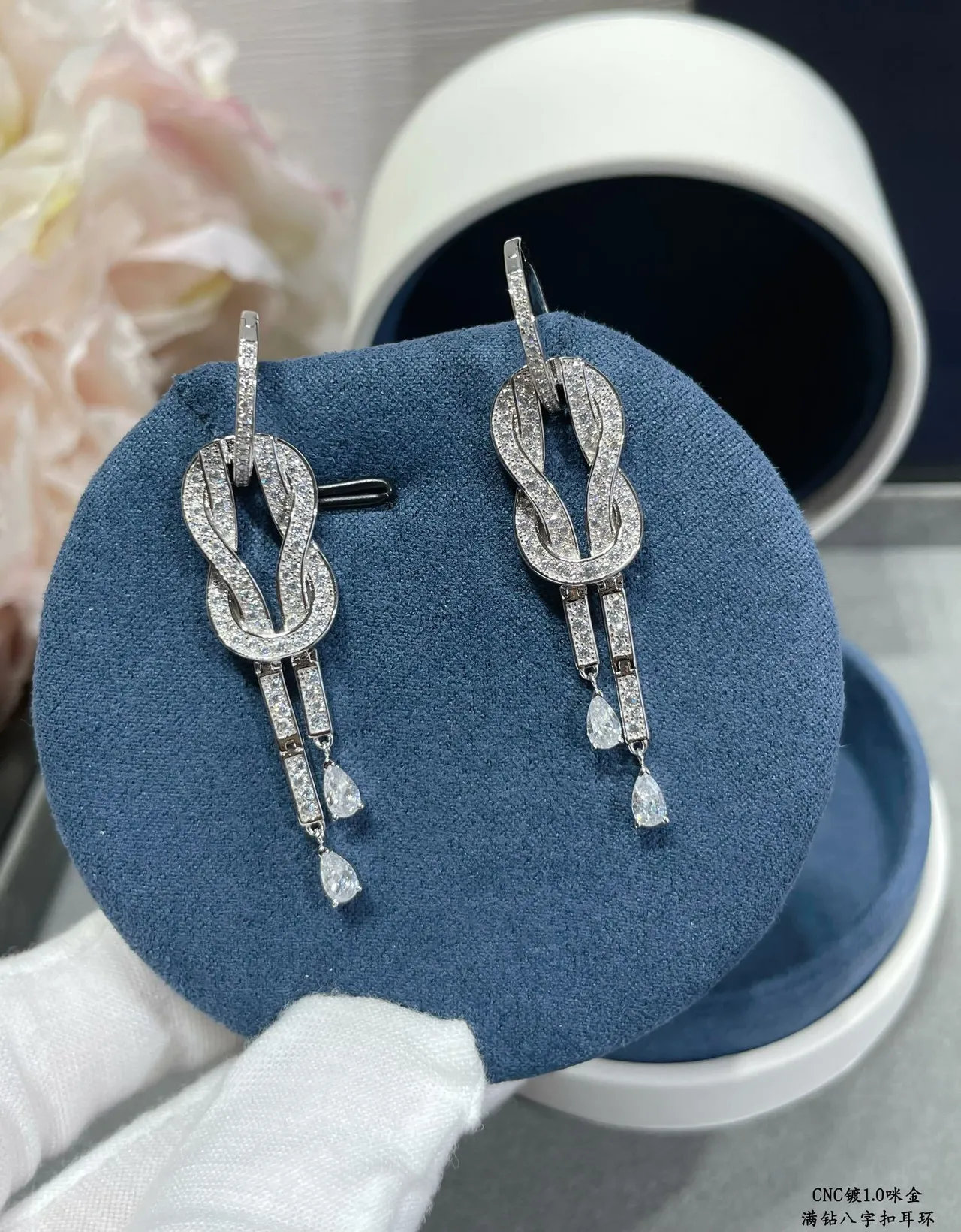 Knot Motif Pavé-Set Dual-Drop Teardrop Earrings 7