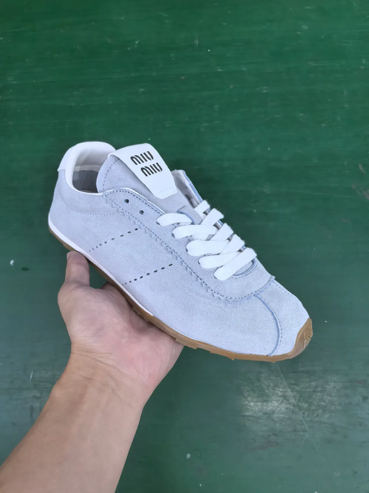 Light Gray Suede Perforated Side Panel Retro Runner Sneaker 2