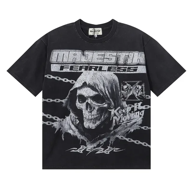MAJESTIK Fearless Hooded Skull Graphic Black T-Shirt 3
