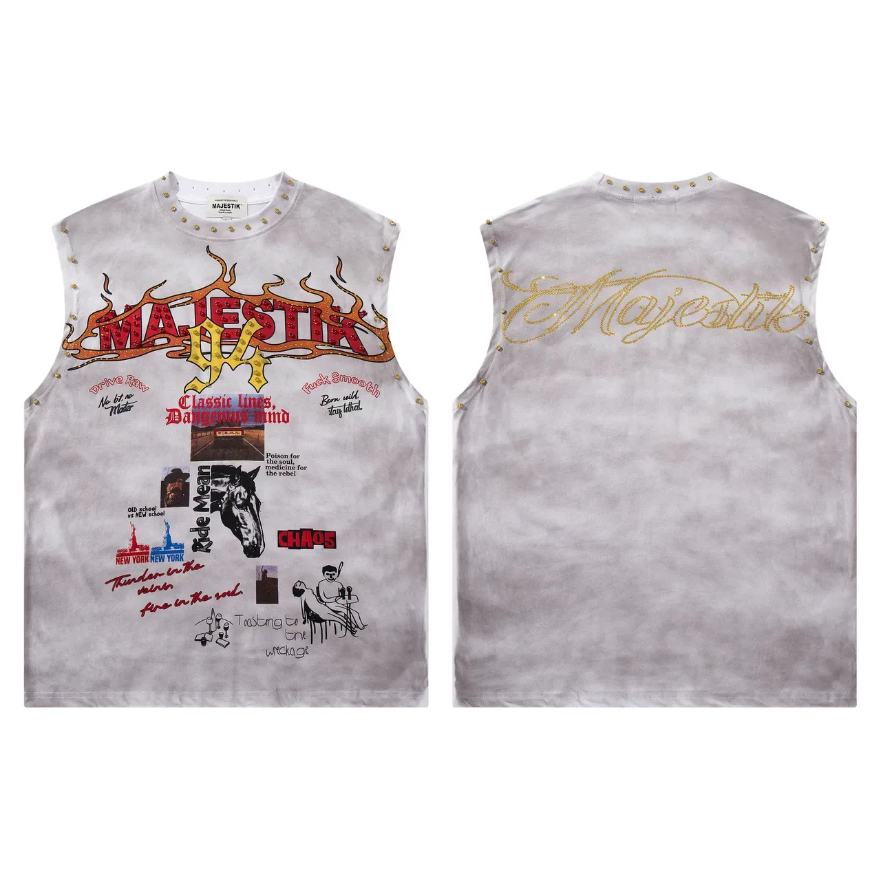 MAJESTIK Tie-Dye Gray Studded Graphic Vest Top 4