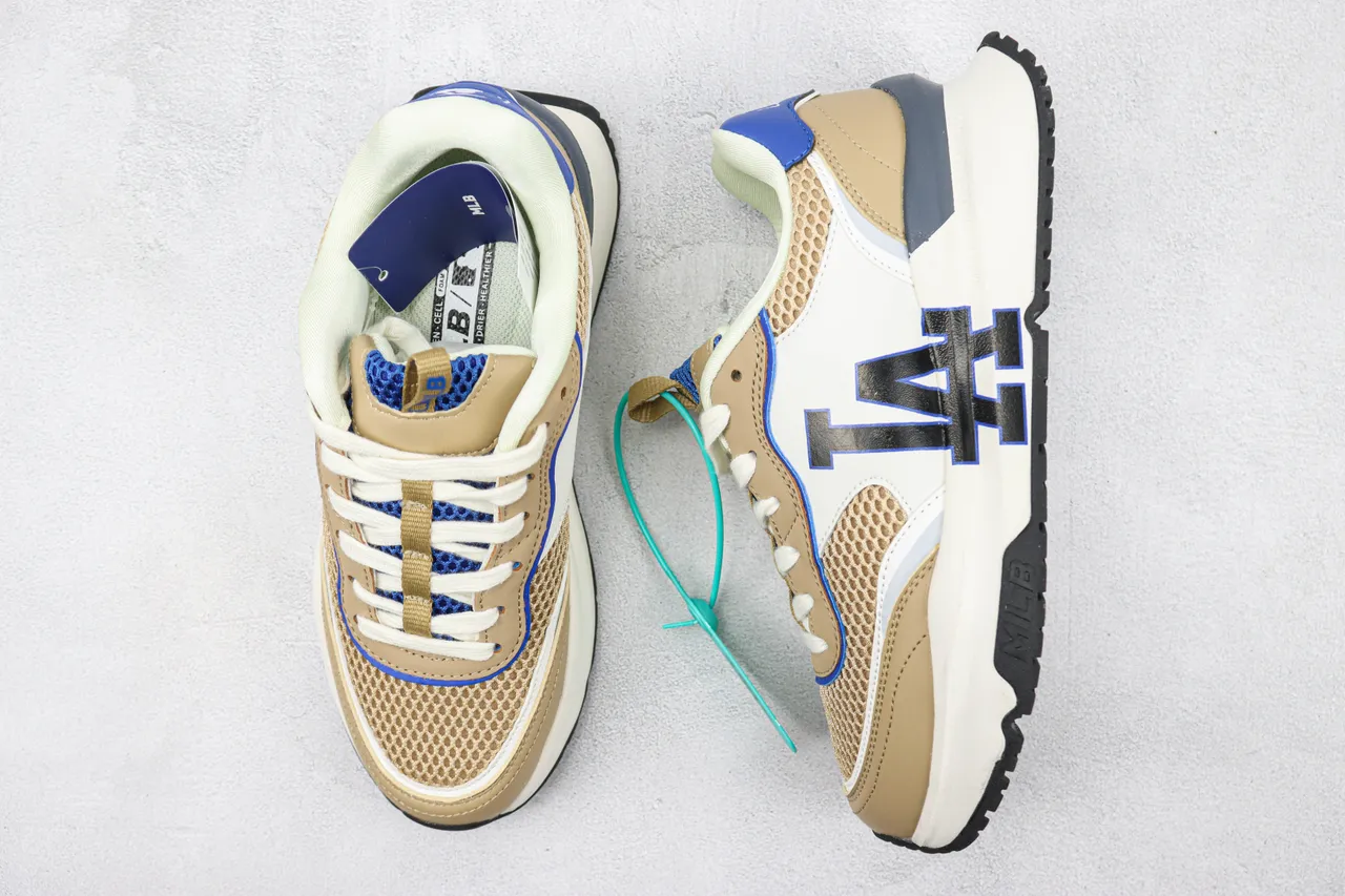 MLB Beige Blue Layered Mesh And Synthetic Upper Bold Team Logo Side Panel Lifestyle Sneakers 3