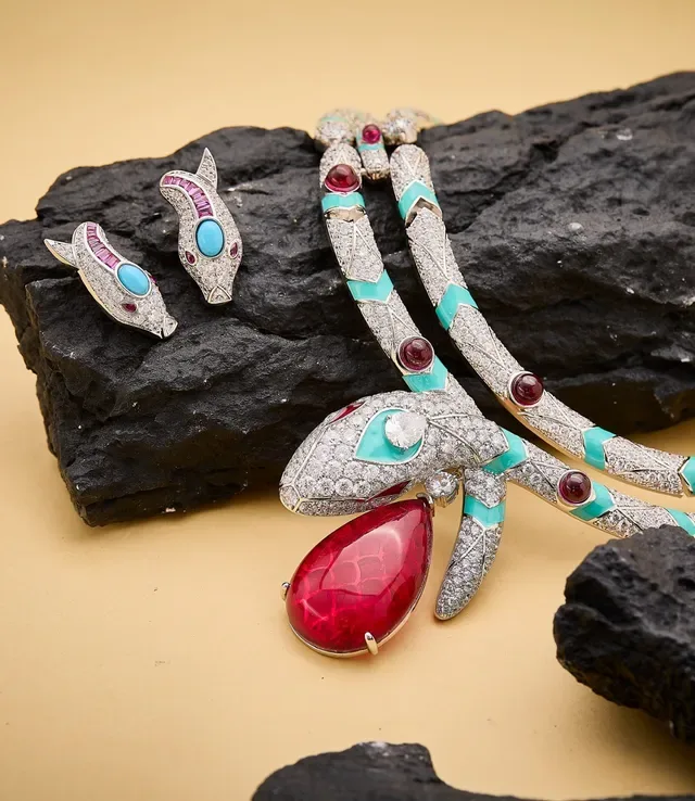 Multi-Strand Pavé-Set Turquoise and Red Gemstone Serpent Pendant Necklace 2