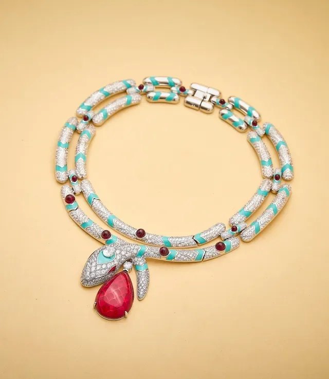 Multi-Strand Pavé-Set Turquoise and Red Gemstone Serpent Pendant Necklace 3