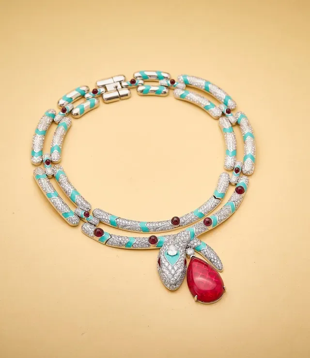 Multi-Strand Pavé-Set Turquoise and Red Gemstone Serpent Pendant Necklace 4