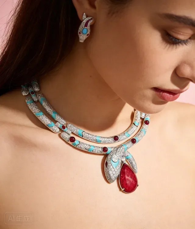 Multi-Strand Pavé-Set Turquoise and Red Gemstone Serpent Pendant Necklace 6