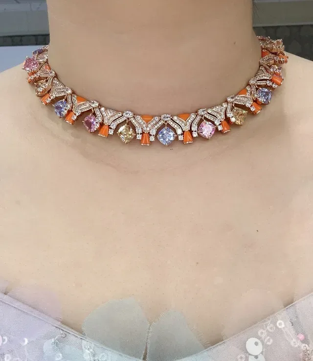 Multicolor Gemstone and Diamond Geometric Collar Necklace 6