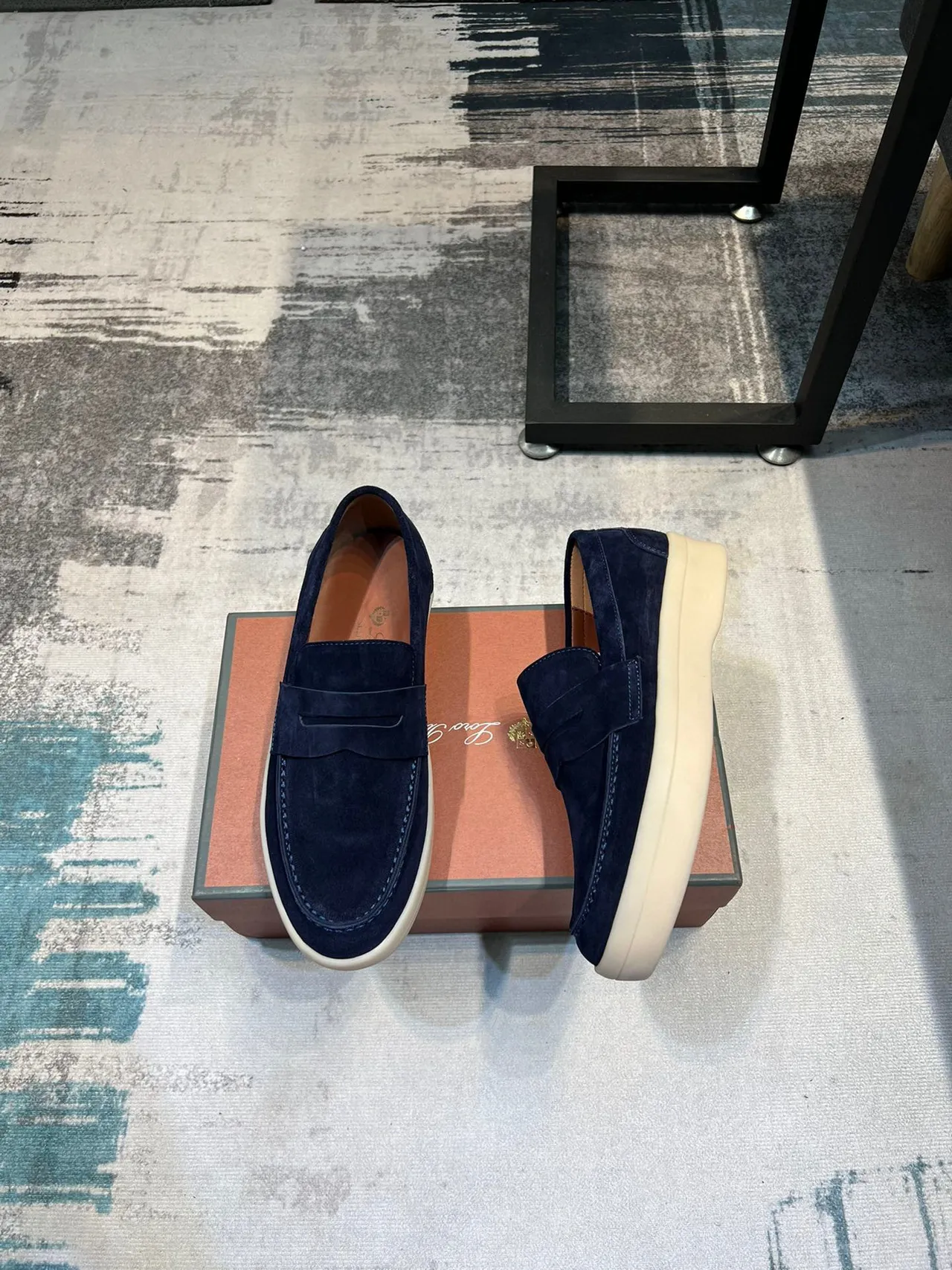 Navy Beige Suede Penny Strap Loafer 4