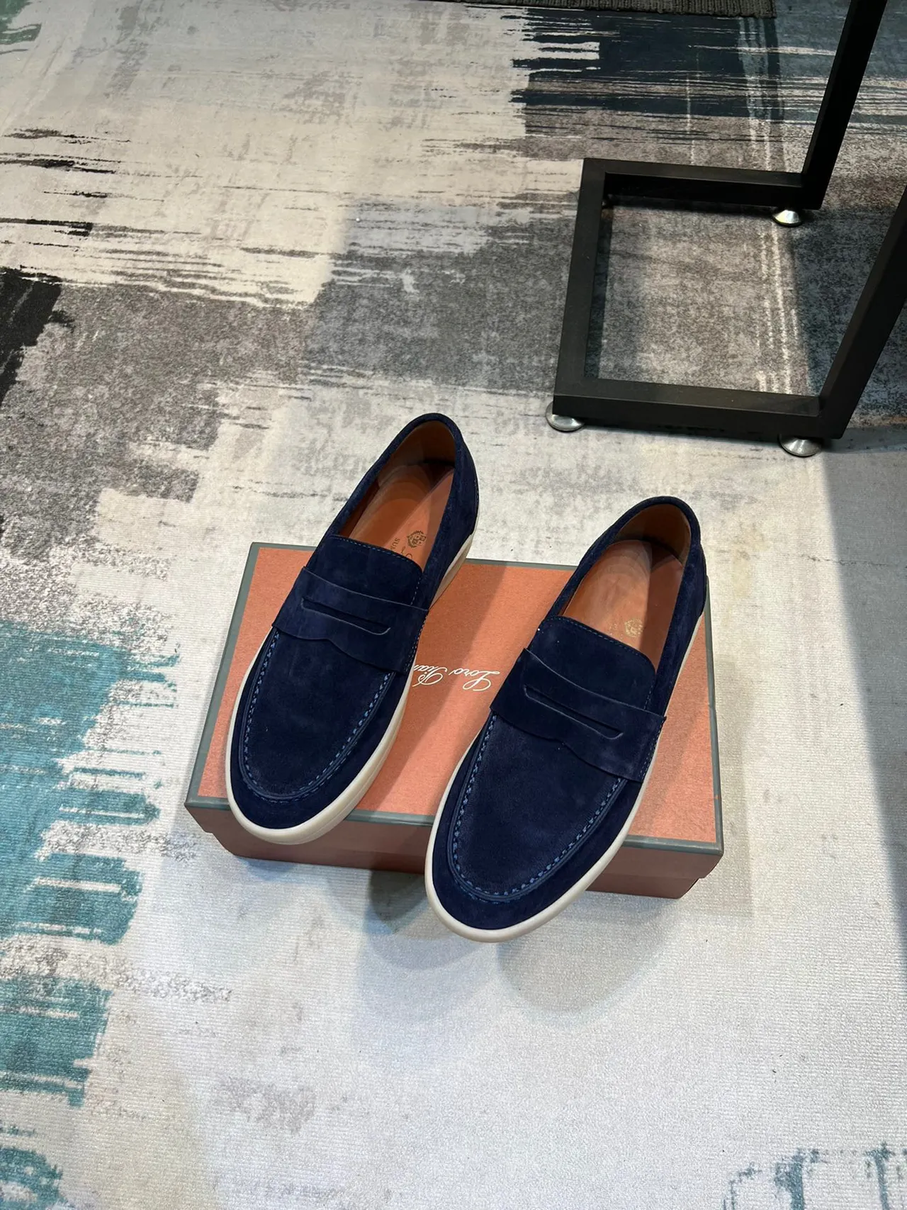 Navy Beige Suede Penny Strap Loafer 5
