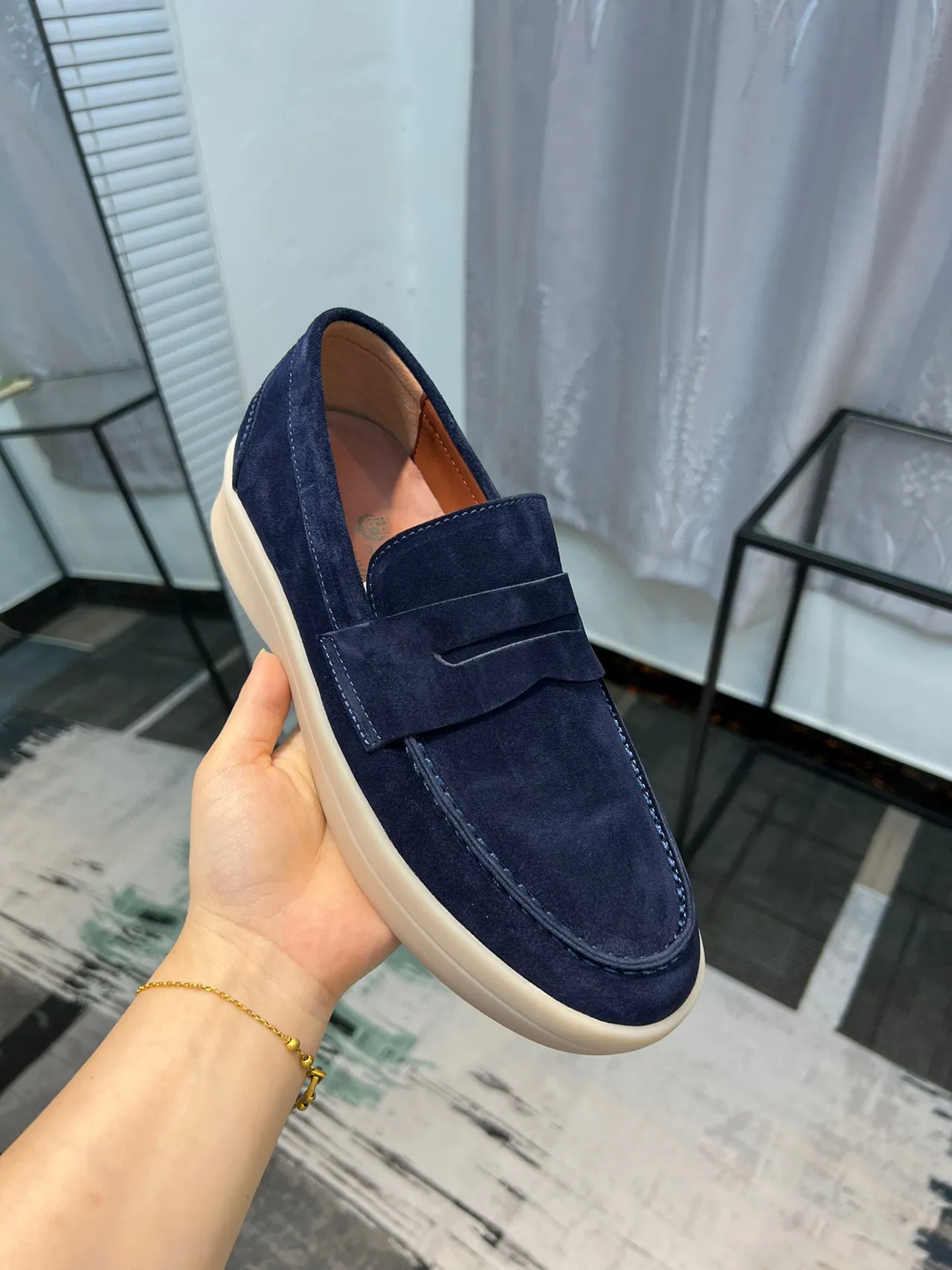 Navy Beige Suede Penny Strap Loafer 6