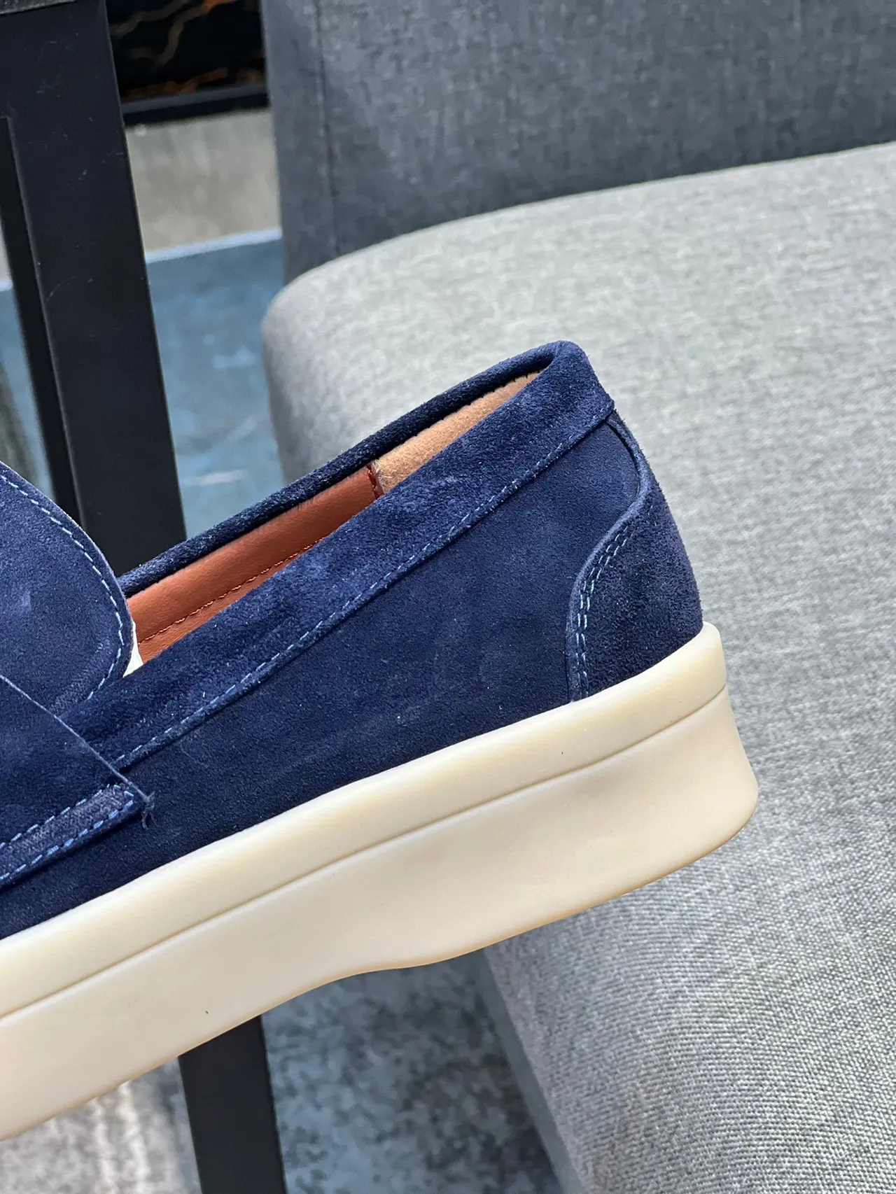 Navy Beige Suede Penny Strap Loafer 7