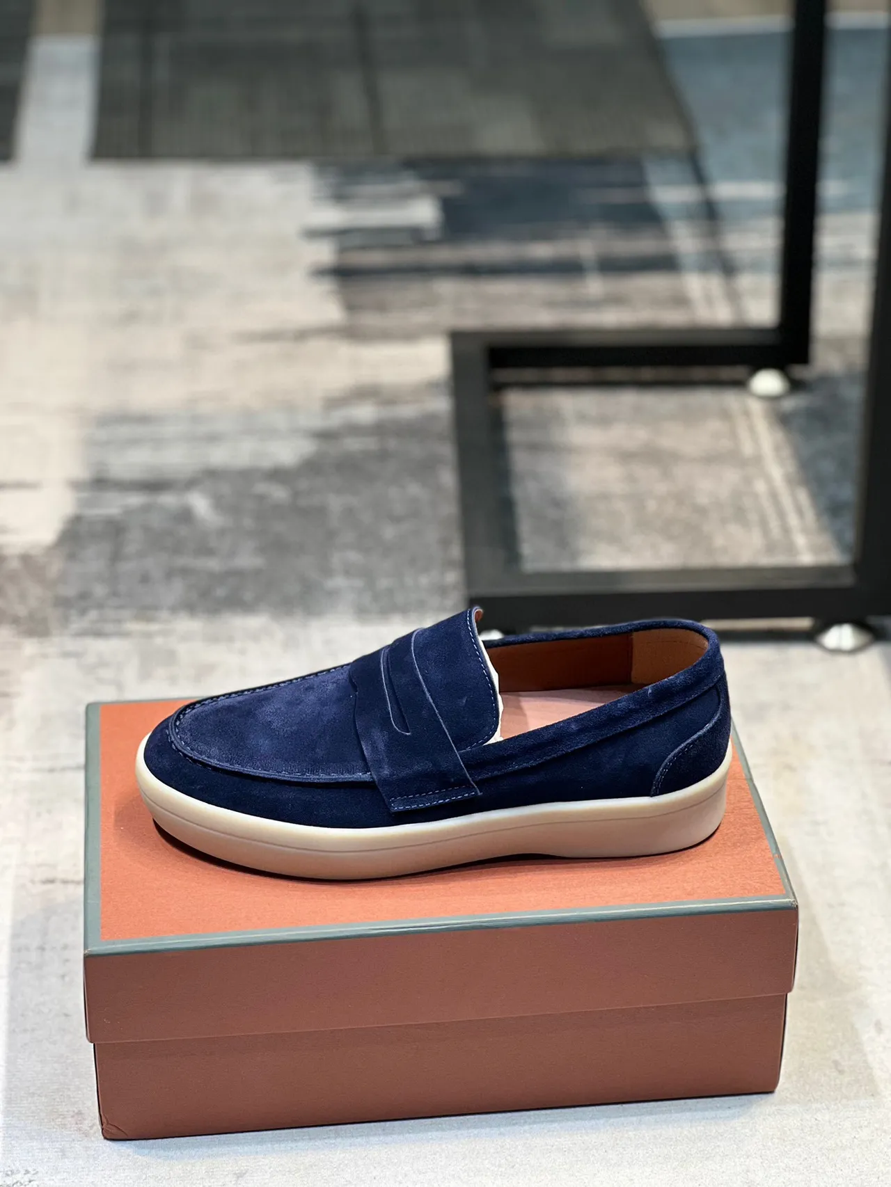 Navy Beige Suede Penny Strap Loafer 9