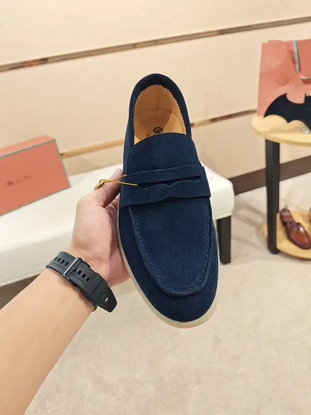 Navy Beige Suede Penny Strap Loafer 6