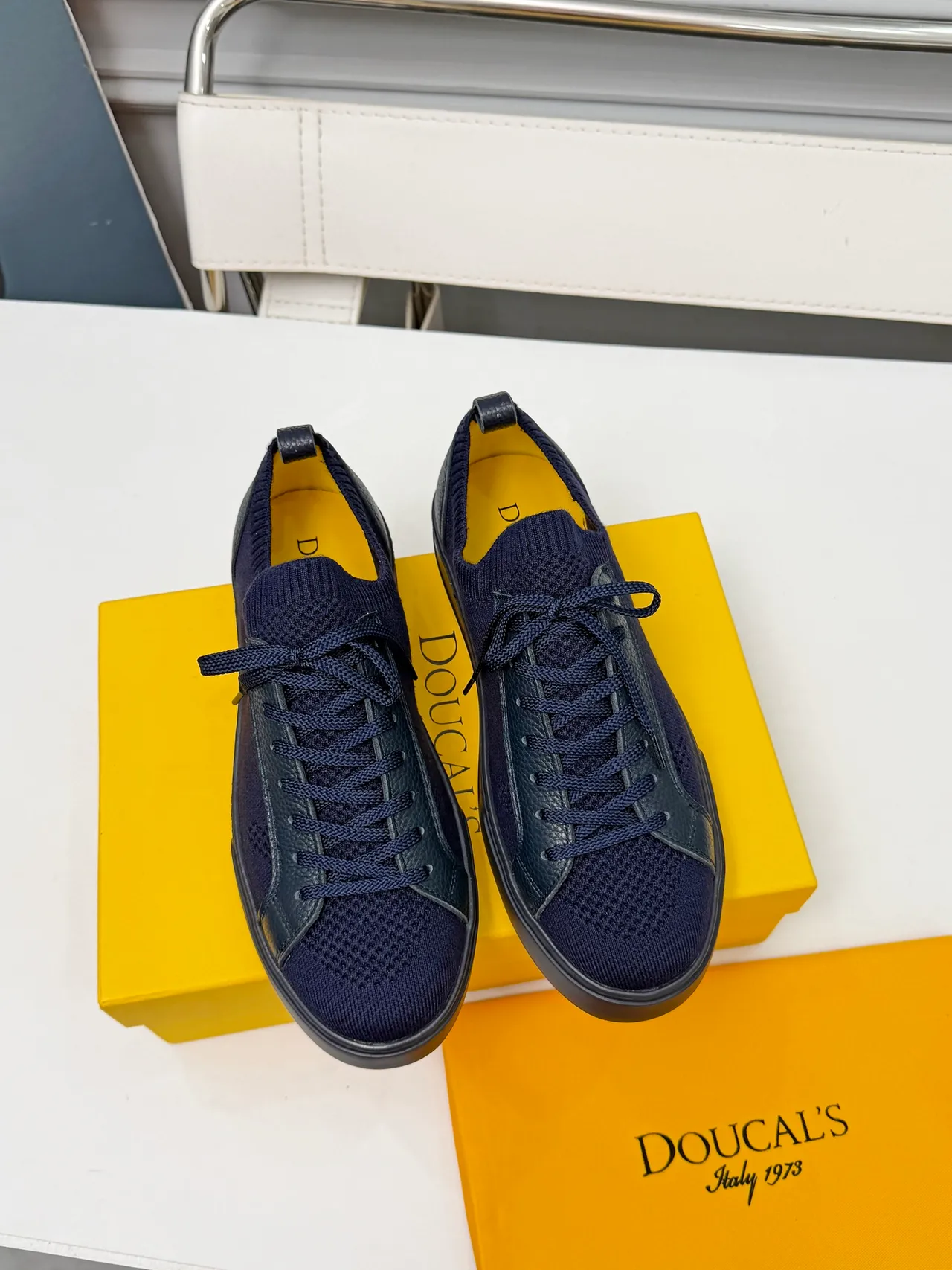 Navy Black Knit Upper Leather Overlays Sneakers 5