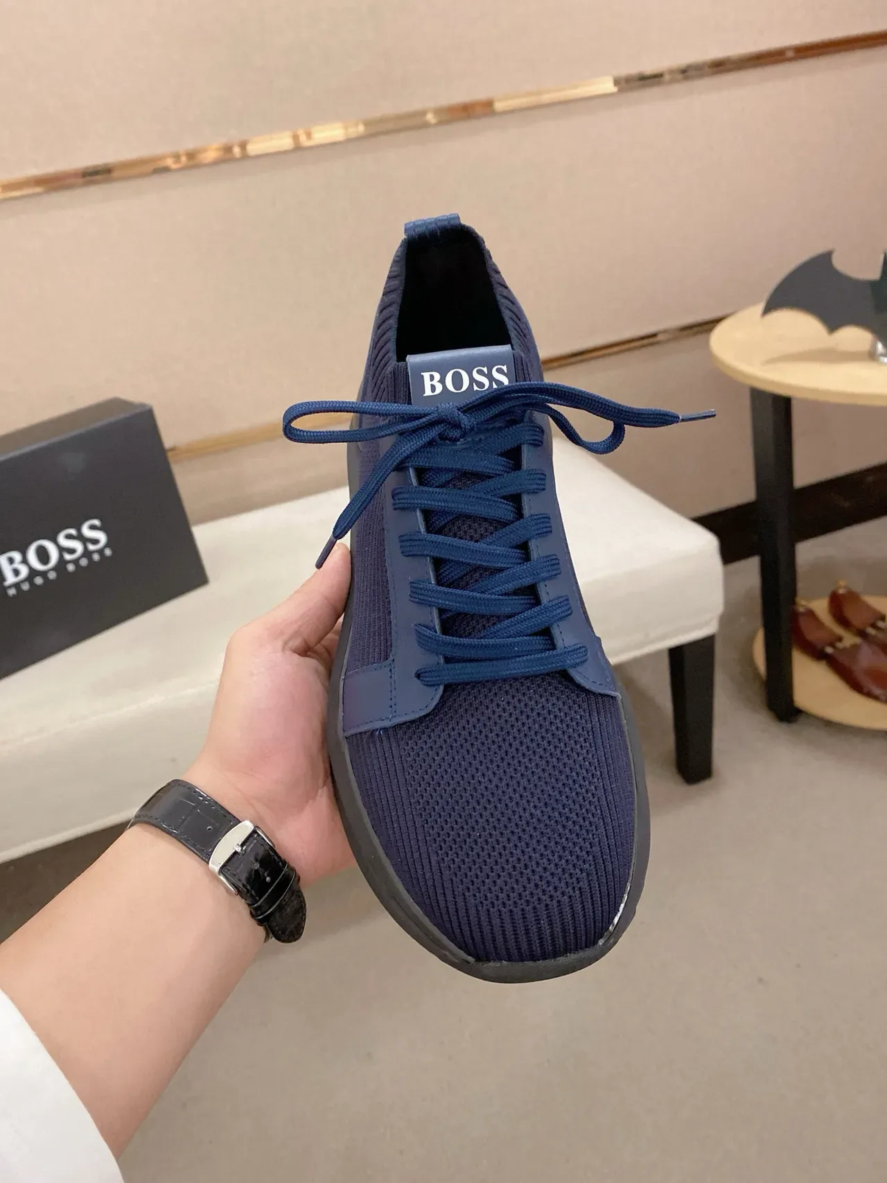 Navy Black Knit Upper Ribbed Collar Sneakers 4