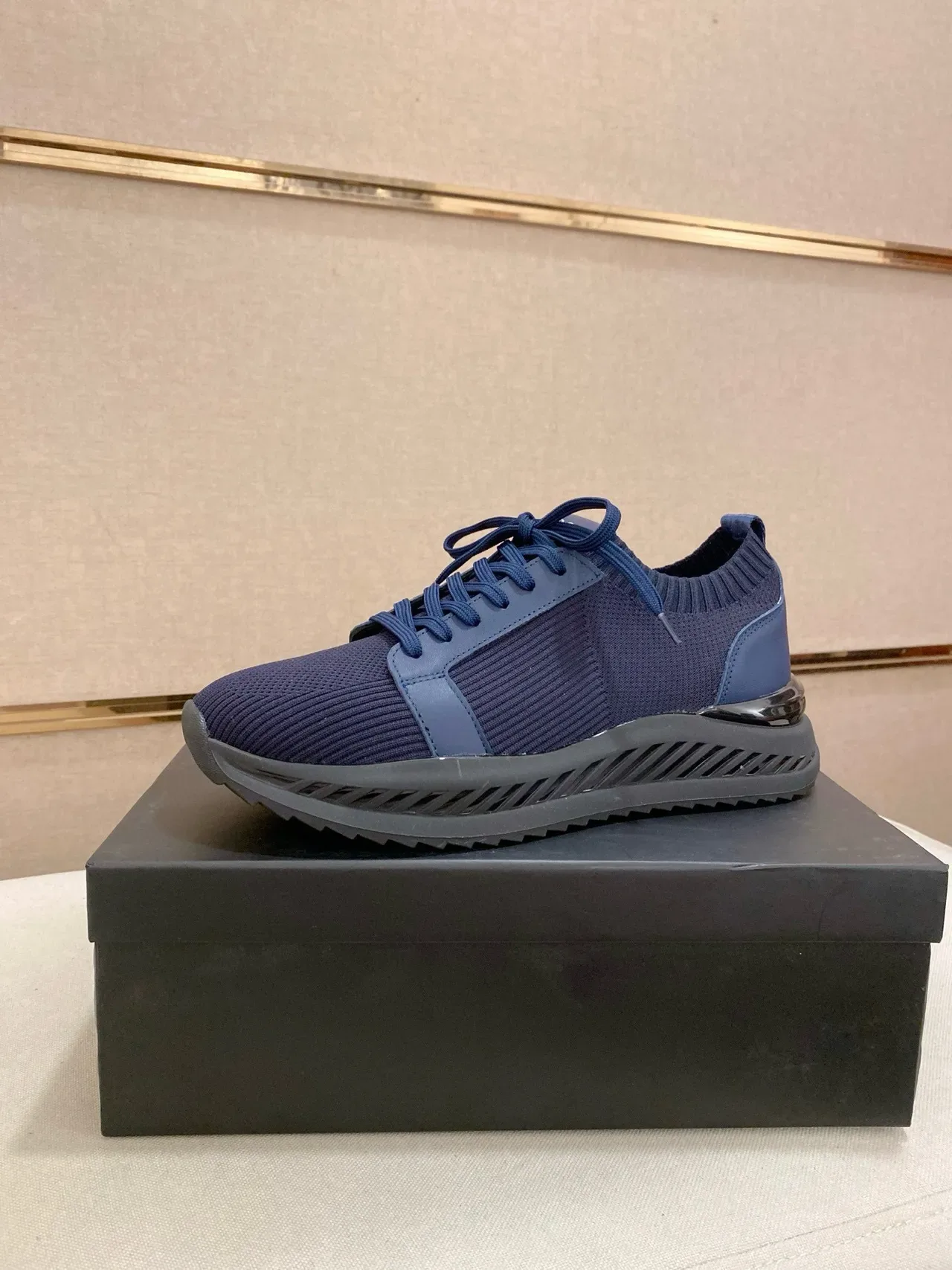 Navy Black Knit Upper Ribbed Collar Sneakers 6