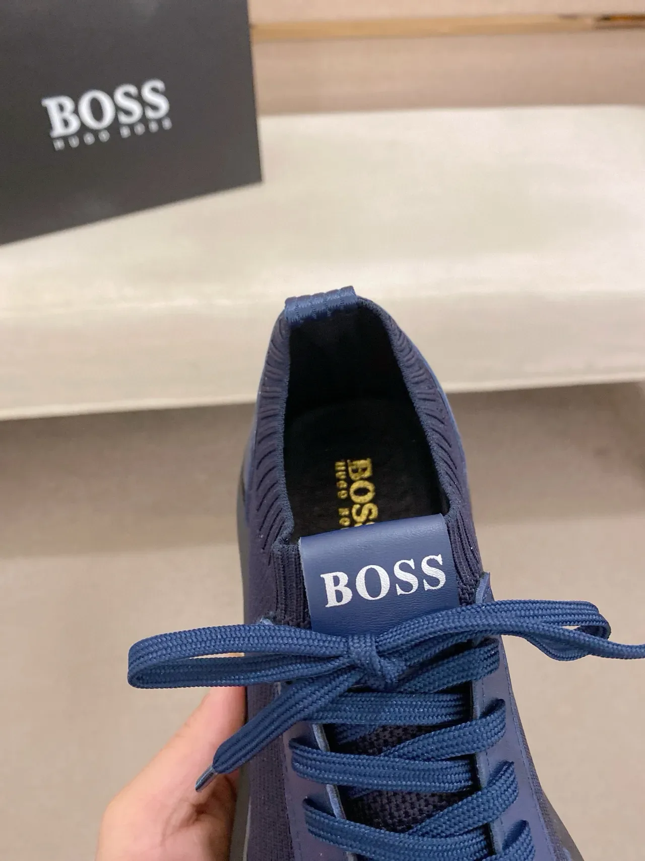 Navy Black Knit Upper Ribbed Collar Sneakers 7