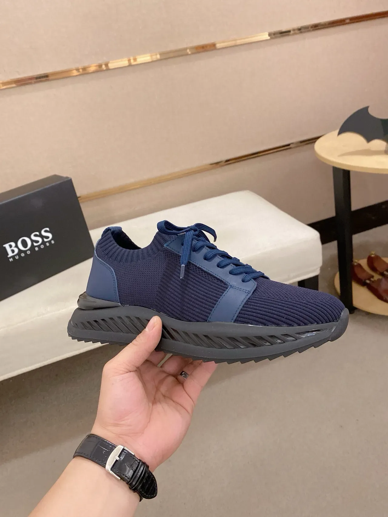 Navy Black Knit Upper Ribbed Collar Sneakers 8