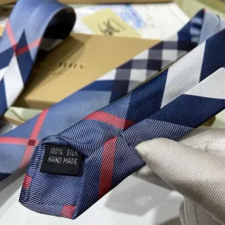 Navy Blue Red White Grid Pattern Handmade Silk Necktie