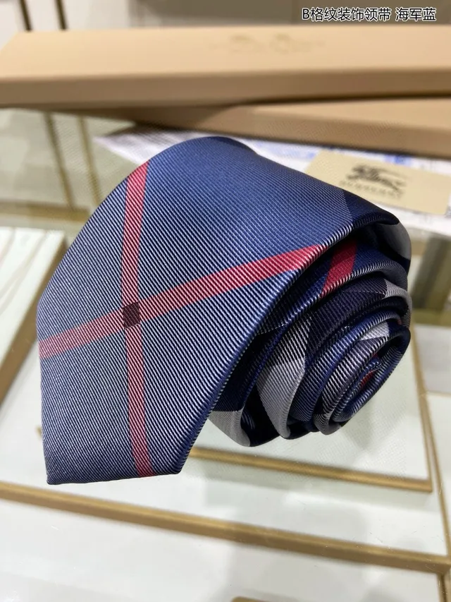 Navy Blue Red White Grid Pattern Handmade Silk Necktie 4