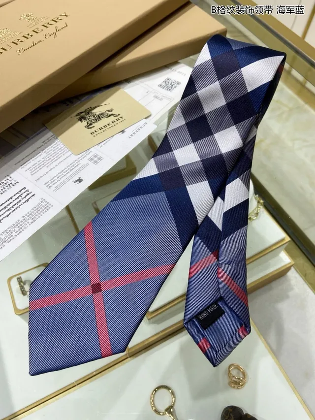 Navy Blue Red White Grid Pattern Handmade Silk Necktie 5