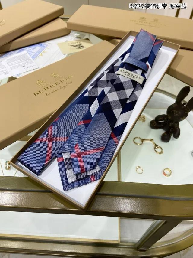 Navy Blue Red White Grid Pattern Handmade Silk Necktie 6