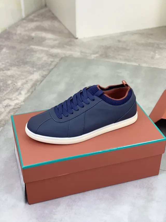 Navy Blue Smooth Leather-Like Upper Ribbed Knit Collar Sneakers 4