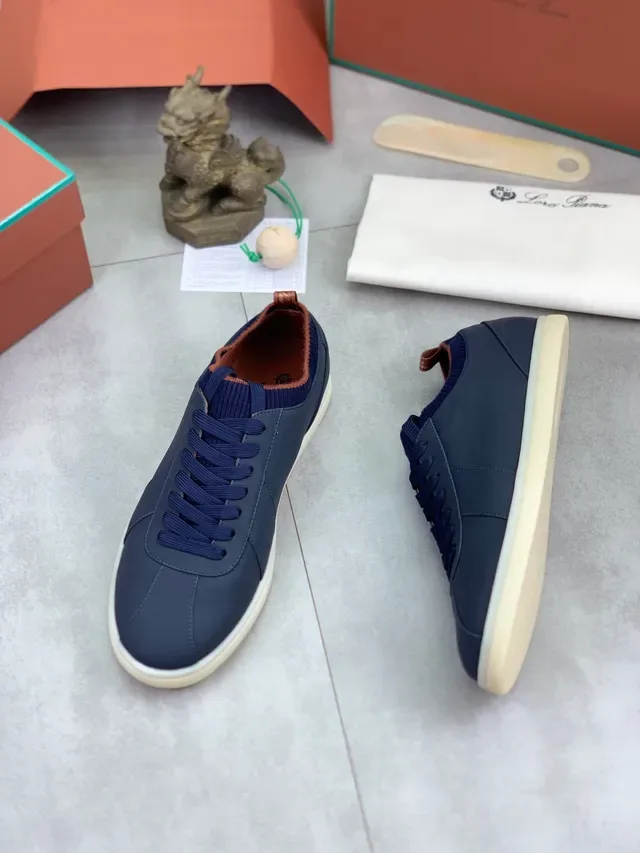 Navy Blue Smooth Leather-Like Upper Ribbed Knit Collar Sneakers 5