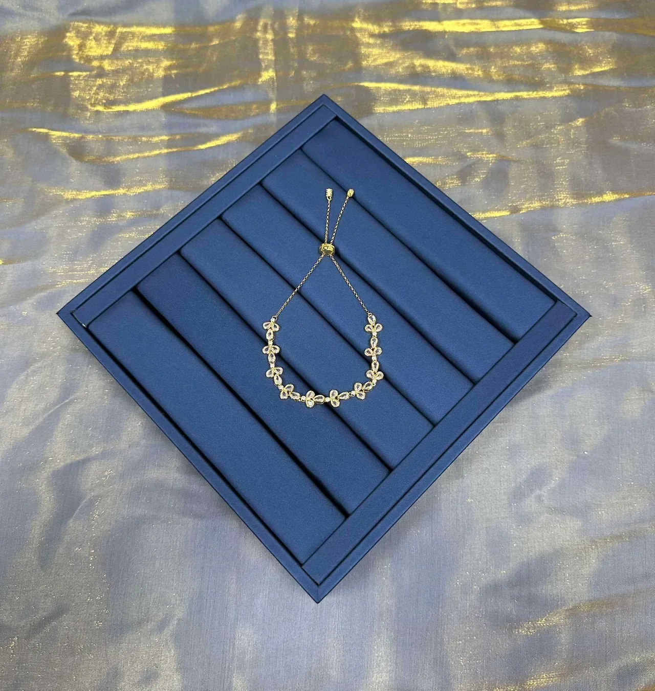 Navy Gold Leaf Motif Faceted Crystal Accents Bracelet 7