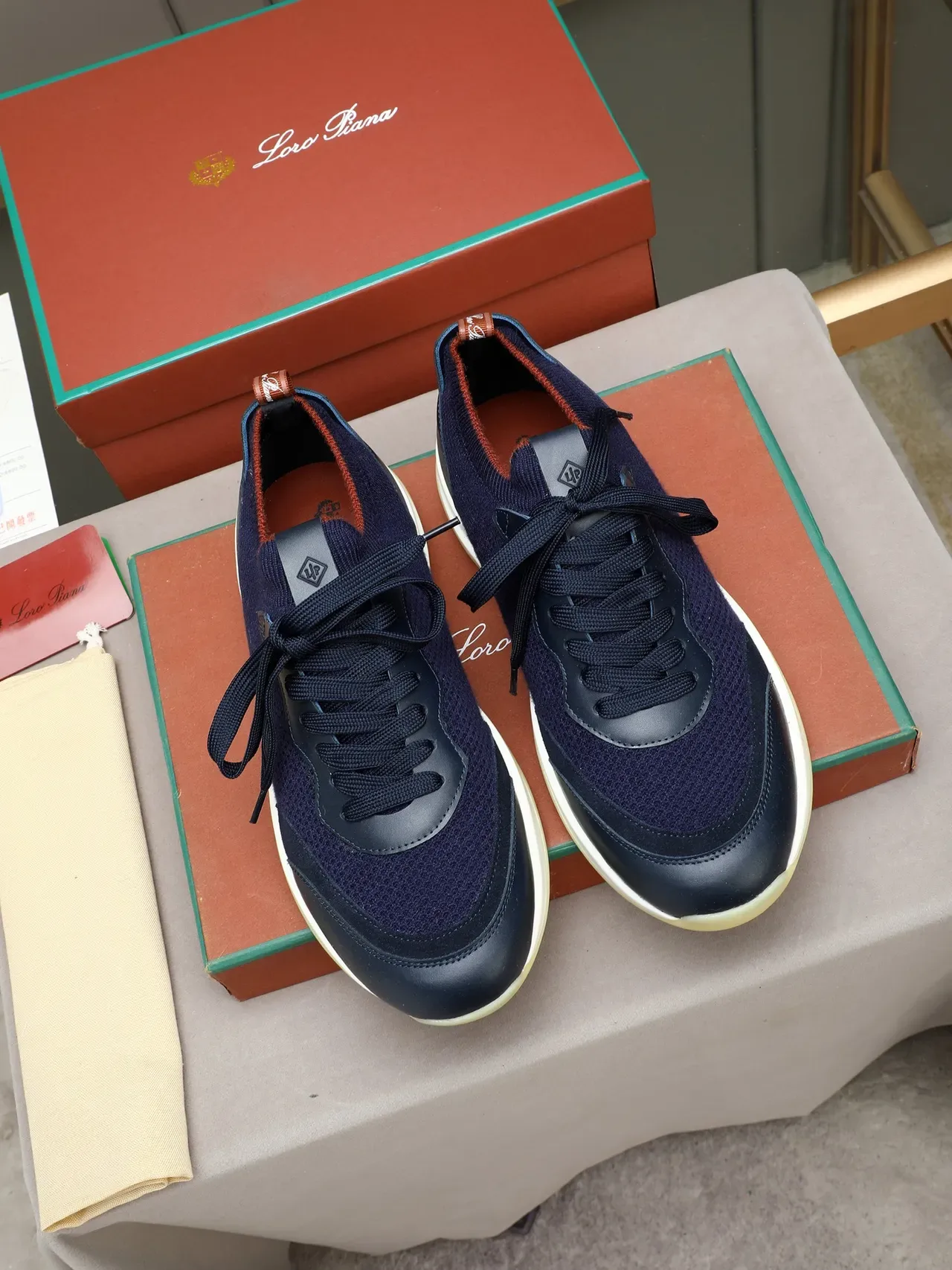 Navy Knit and Leather Platform Sneaker 3