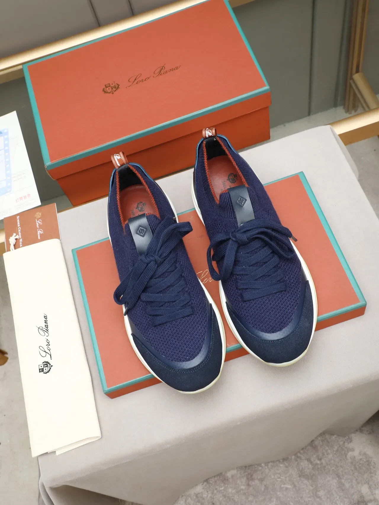 Navy Knit and Suede Platform Lace-Up Sneaker 3
