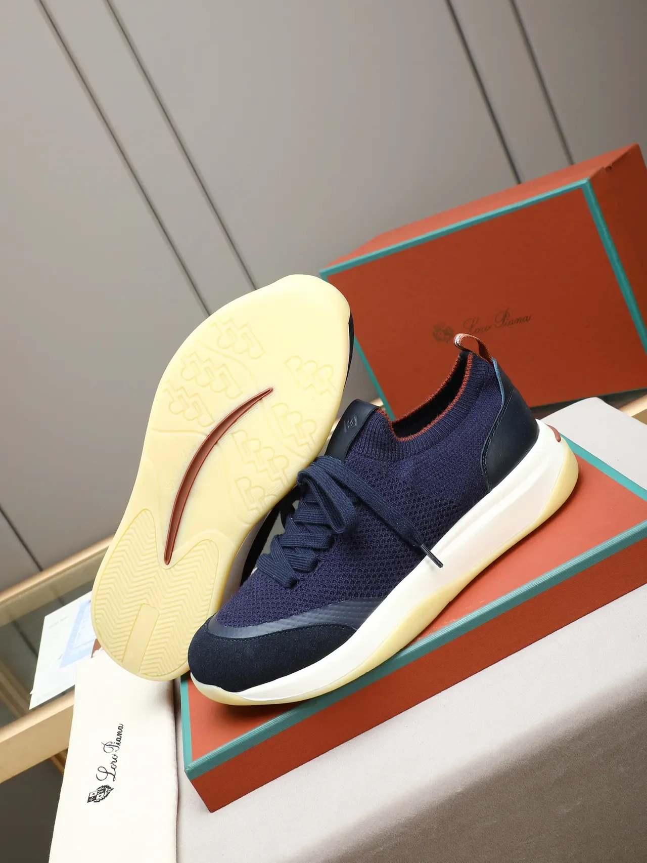 Navy Knit and Suede Platform Lace-Up Sneaker 5