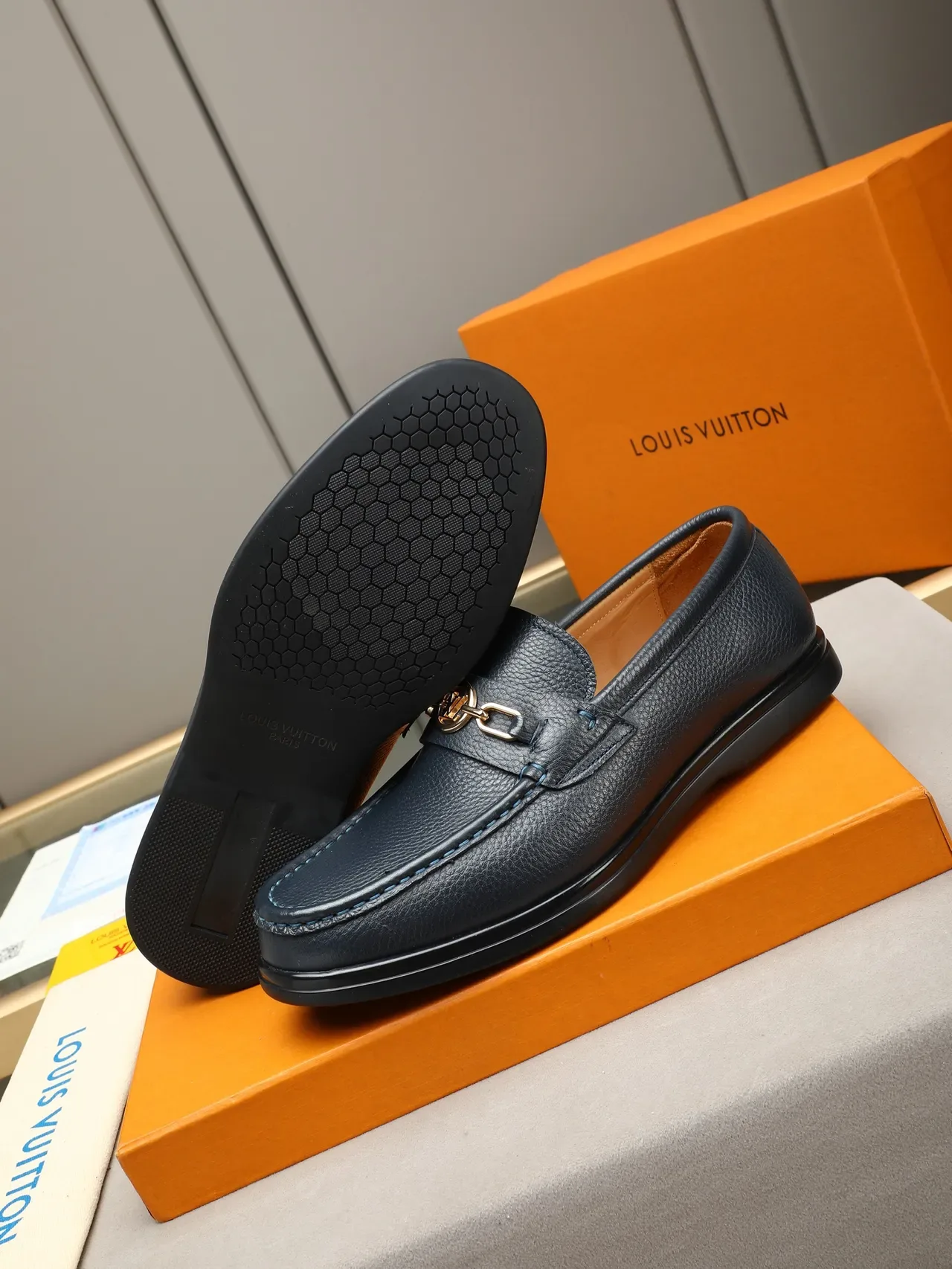 Navy Peppled Leather Horsebit Loafer 4