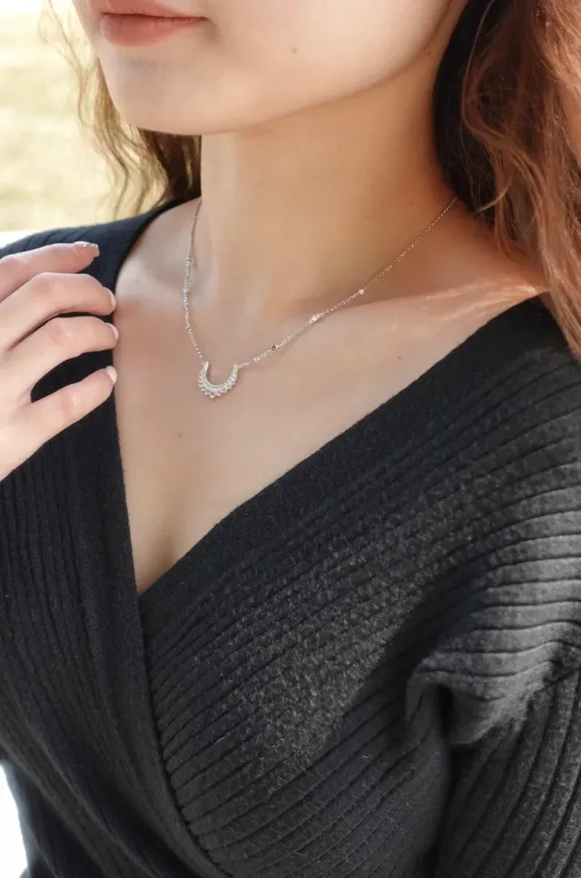 Navy Silver Crescent-Moon Pendant Pavé-Set Stones Necklace 4