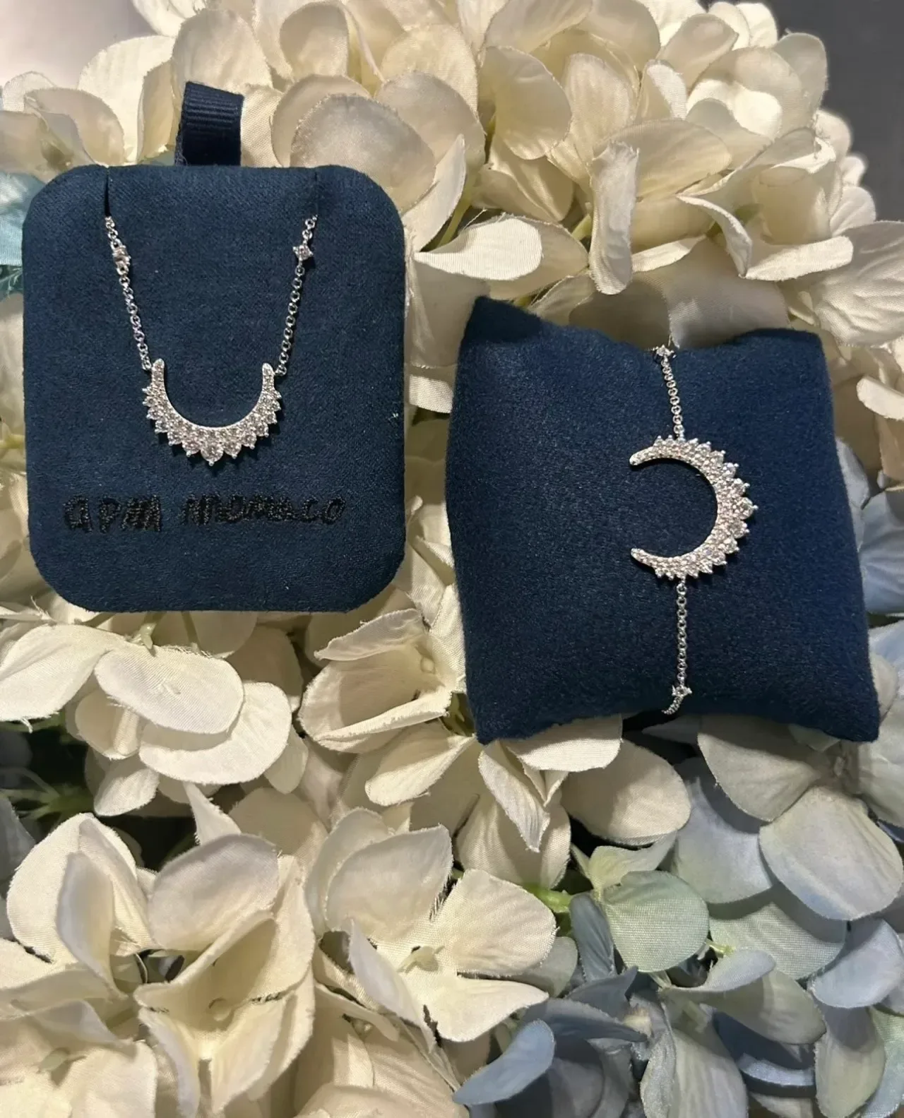 Navy Silver Crescent-Moon Pendant Pavé-Set Stones Necklace 6