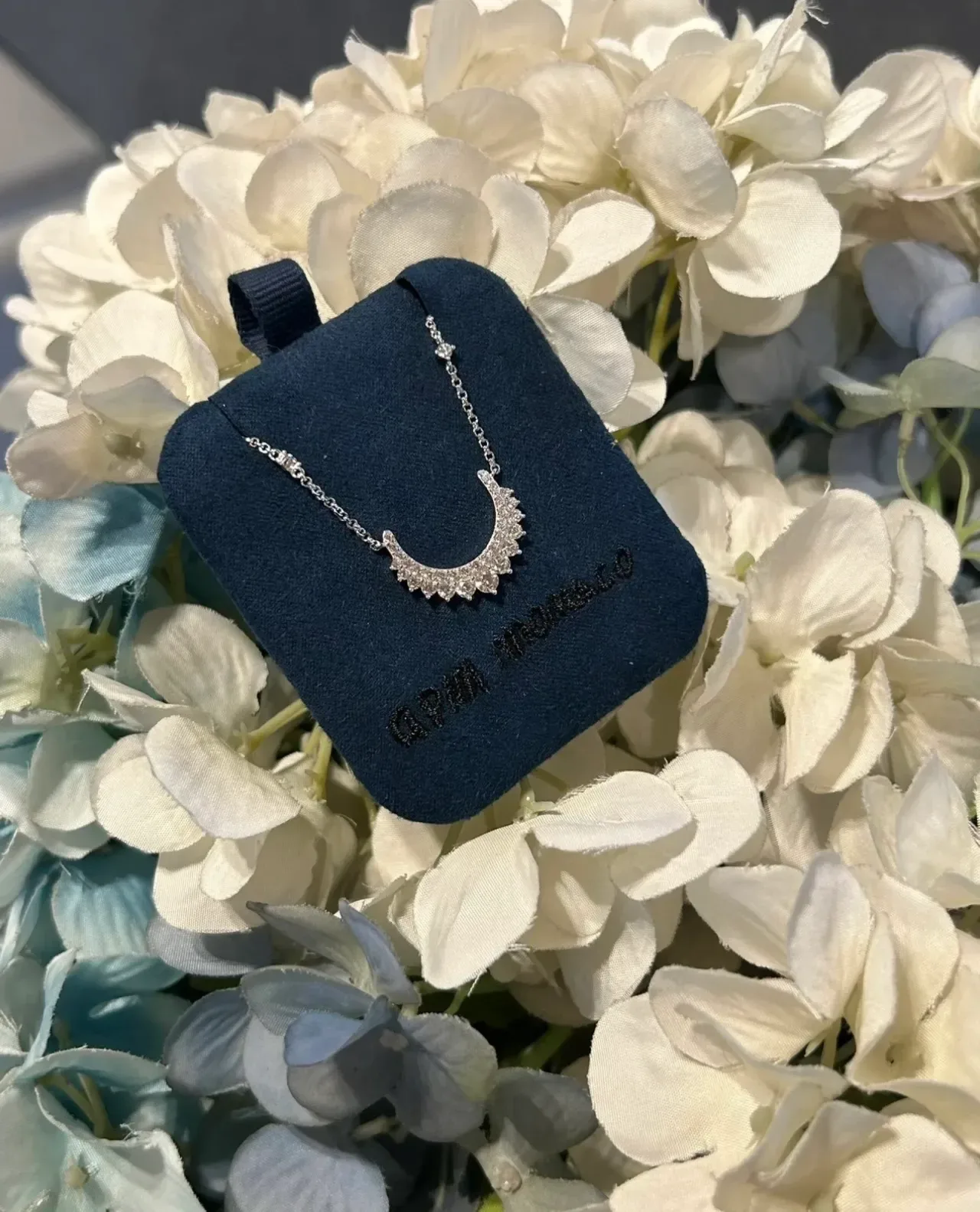 Navy Silver Crescent-Moon Pendant Pavé-Set Stones Necklace 7