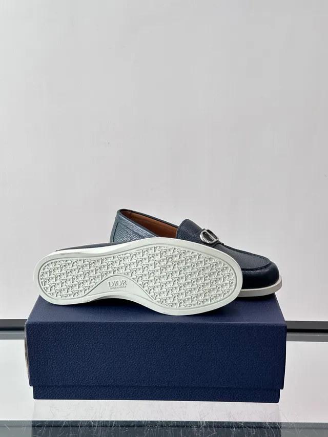 Navy White Pebbled Leather Horsebit Buckle Loafer 2