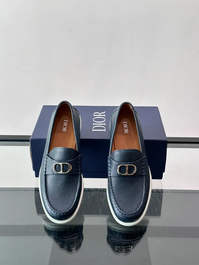 Navy White Pebbled Leather Horsebit Buckle Loafer 4