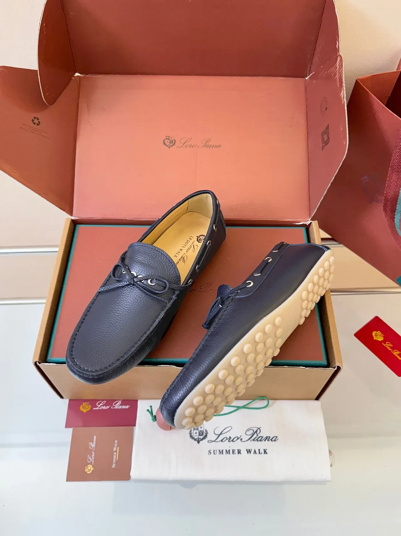 Navy White Pebbled Leather Moc-Toe Loafer 2