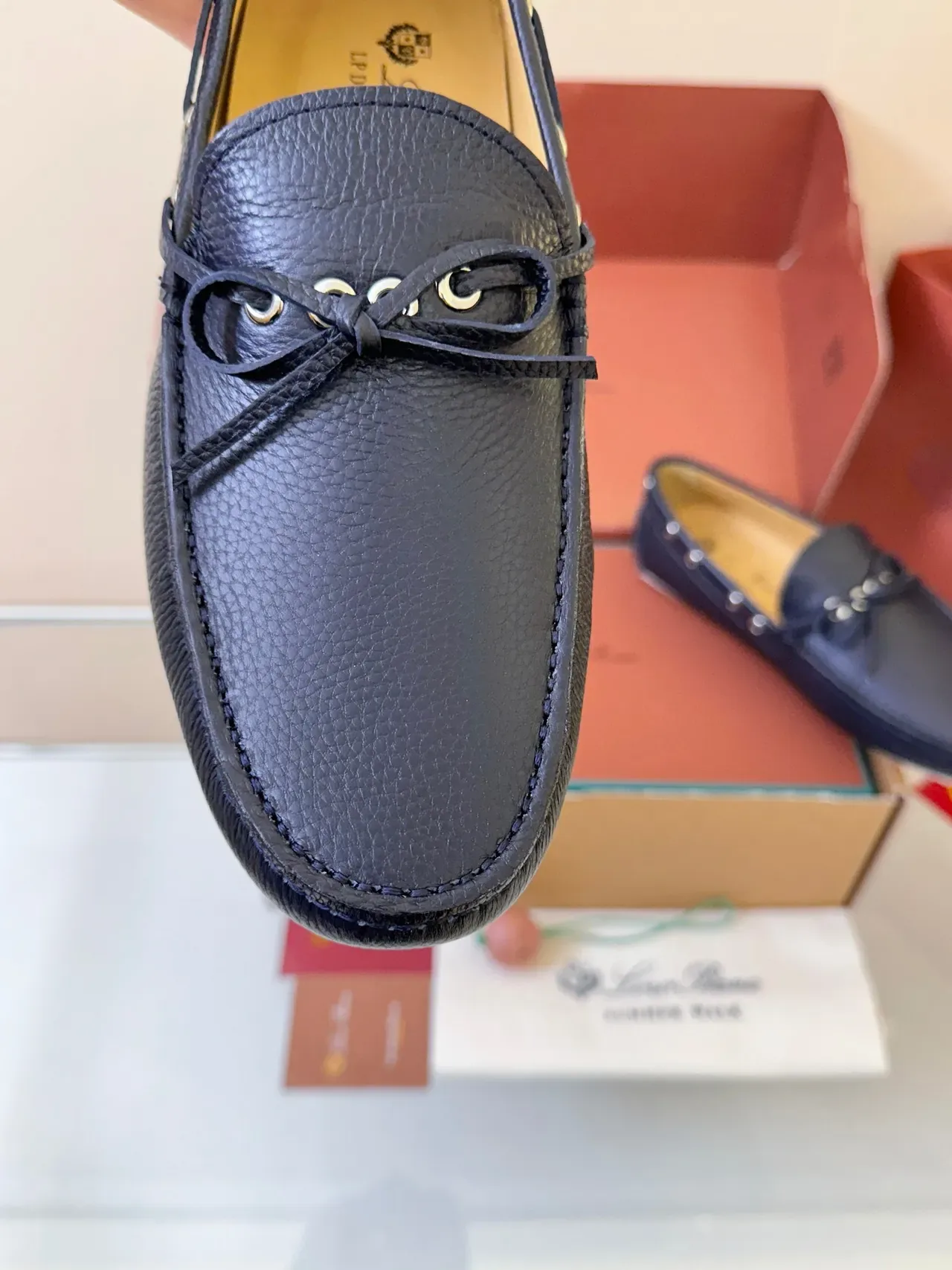 Navy White Pebbled Leather Moc-Toe Loafer 3