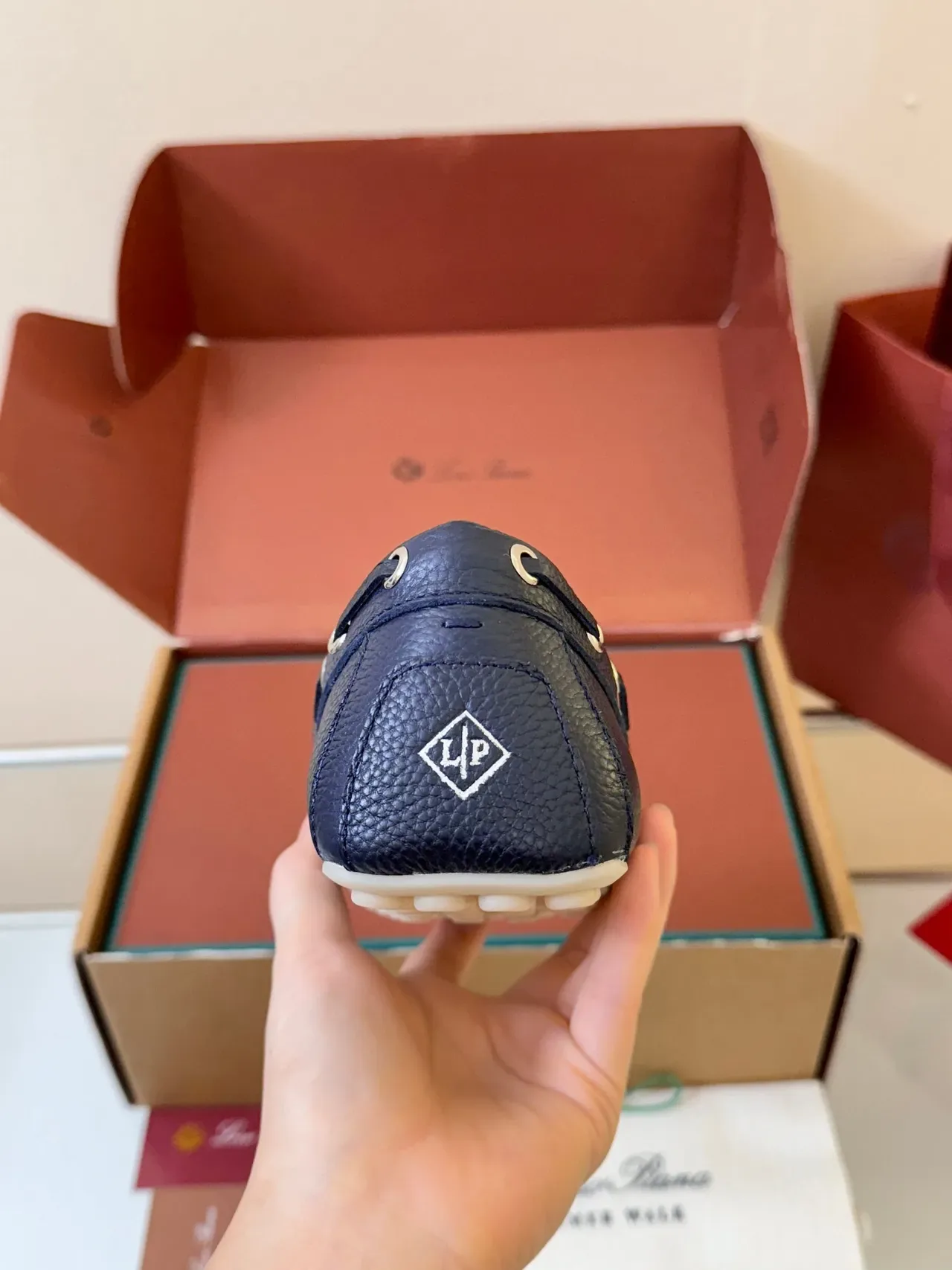 Navy White Pebbled Leather Moc-Toe Loafer 4